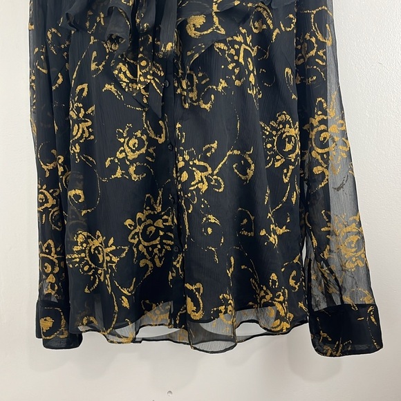Lauren Ralph Lauren Black Sheer Ruffled Black and Gold Blouse - Picture 2 of 14